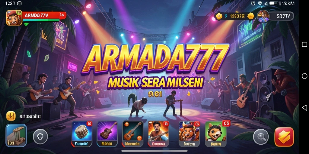 Tampilan gameplay ARMADA777 yang penuh warna dan musik yang menggugah semangat.