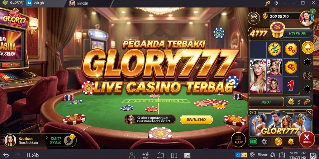 Screenshot gameplay Live Casino GLORY777 menunjukkan dealer langsung dan suasana permainan yang mendebarkan.