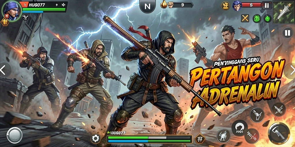 Gameplay HUGO77 menampilkan karakter bertarung dalam arena yang mendebarkan.