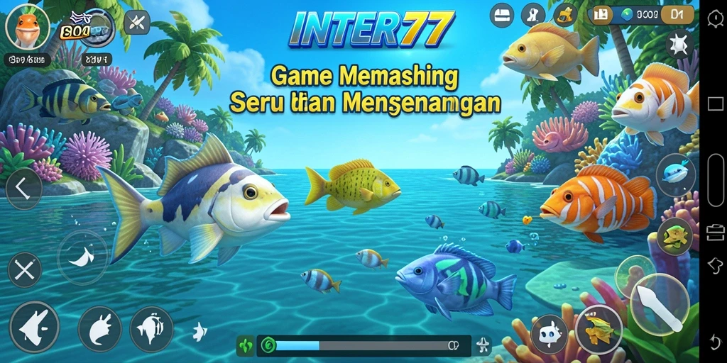 Gameplay INTER77 saat memancing di danau dengan pemandangan indah.