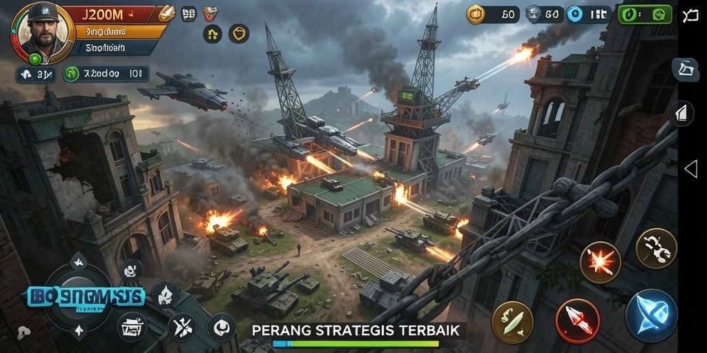 Screenshot J200M menampilkan aksi pertempuran yang seru di lingkungan yang dinamis.