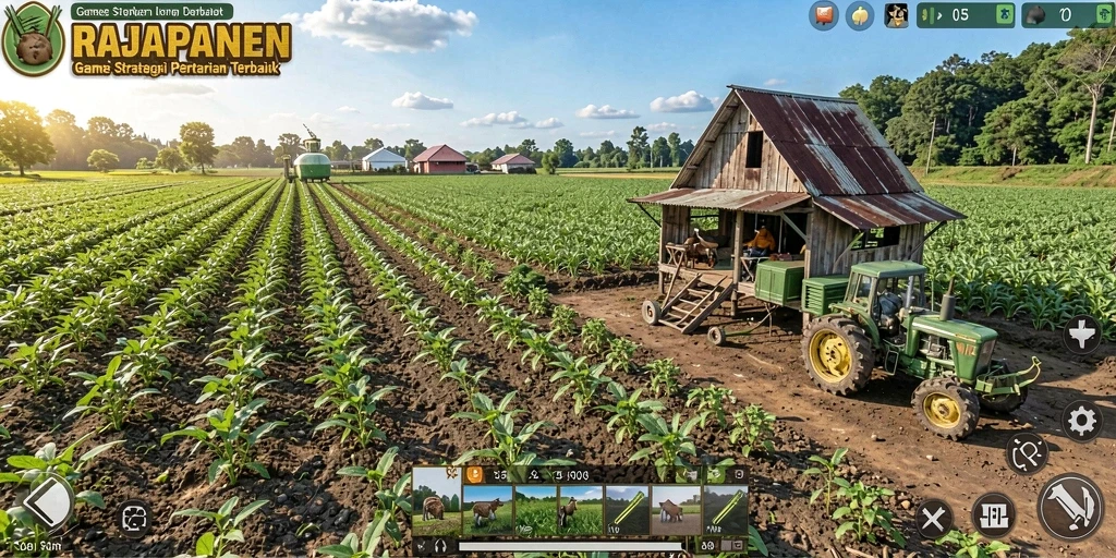 Screenshot gameplay <strong>RAJAPANEN</strong> menampilkan suasana pertanian yang ceria dan interaktif.