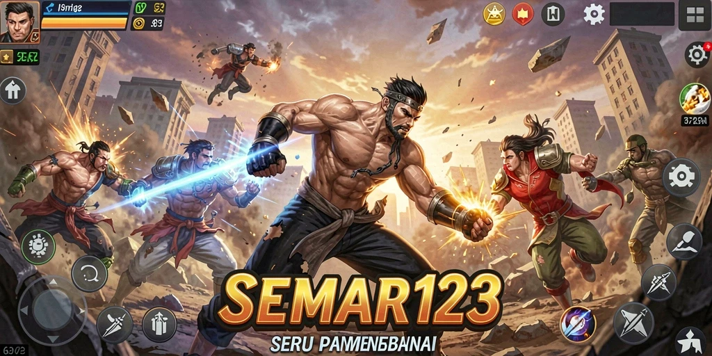 Screenshot utama SEMAR123 menampilkan pertarungan seru antar karakter.